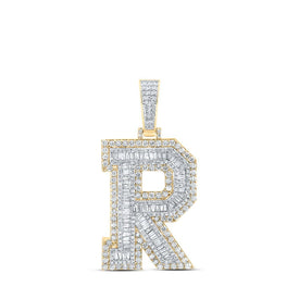 10kt Yellow Gold Men's Baguette Diamond R Initial Letter Charm Pendant - 3 - 1/5 Cttw - Splendid Jewellery