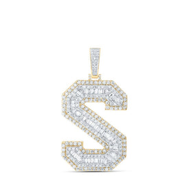 10kt Yellow Gold Mens Baguette Diamond S Initial Letter Charm Pendant 5 - 5/8 Cttw - Splendid Jewellery