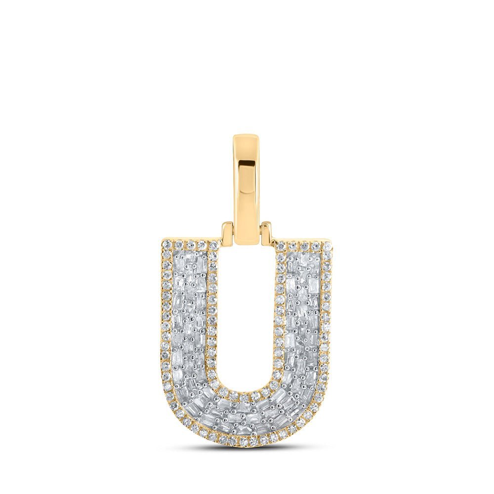 10kt Yellow Gold Mens Baguette Diamond U Initial Letter Charm Pendant 1/2 Cttw - Splendid Jewellery