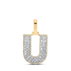 10kt Yellow Gold Mens Baguette Diamond U Initial Letter Charm Pendant 1/2 Cttw - Splendid Jewellery