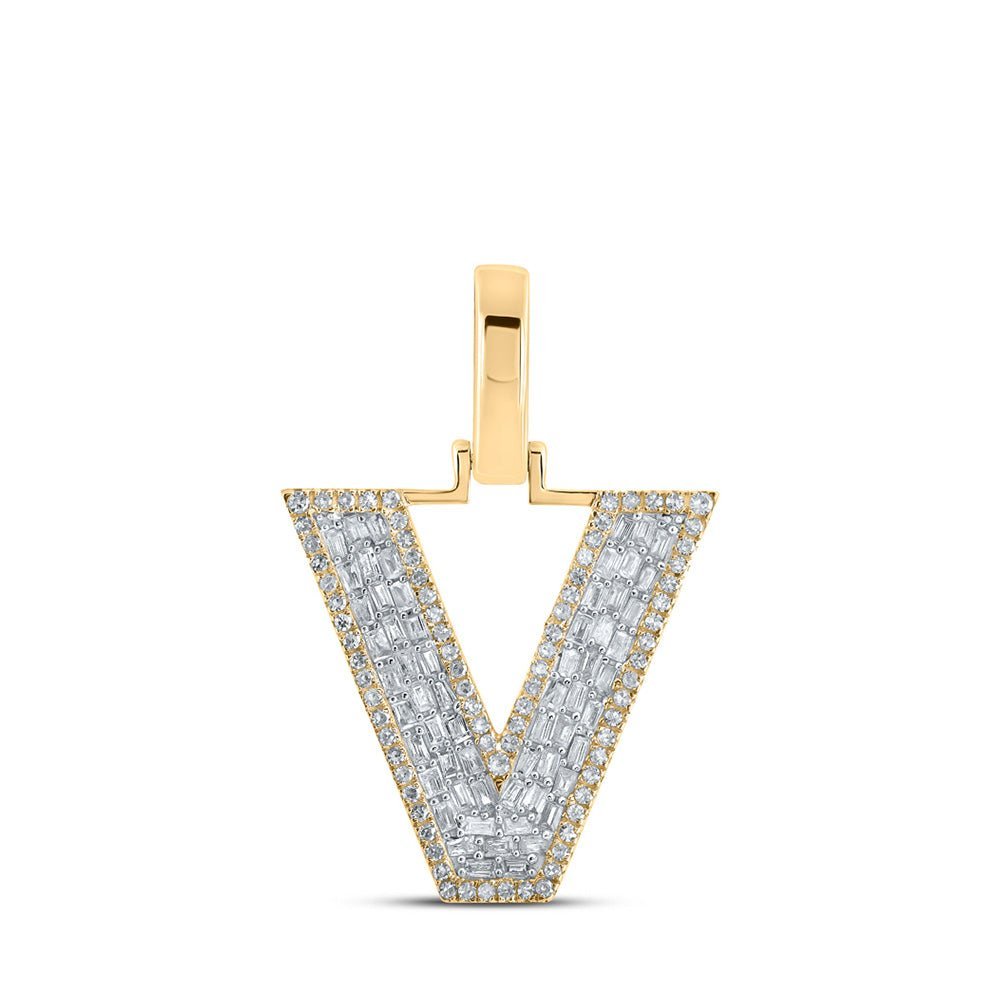 10kt Yellow Gold Men's Baguette Diamond V Initial Letter Charm Pendant - 1/2 Cttw - Splendid Jewellery