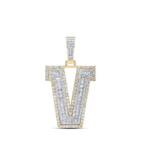 10kt Yellow Gold Mens Baguette Diamond V Initial Letter Charm Pendant - 2 - 3/4 Cttw - Splendid Jewellery