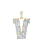 10kt Yellow Gold Mens Baguette Diamond V Initial Letter Charm Pendant - 5 - 5/8 Cttw - Splendid Jewellery