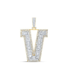 Load image into Gallery viewer, 10kt Yellow Gold Mens Baguette Diamond V Initial Letter Charm Pendant - 5 - 5/8 Cttw - Splendid Jewellery