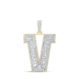 10kt Yellow Gold Mens Baguette Diamond V Initial Letter Charm Pendant - 5 - 5/8 Cttw - Splendid Jewellery