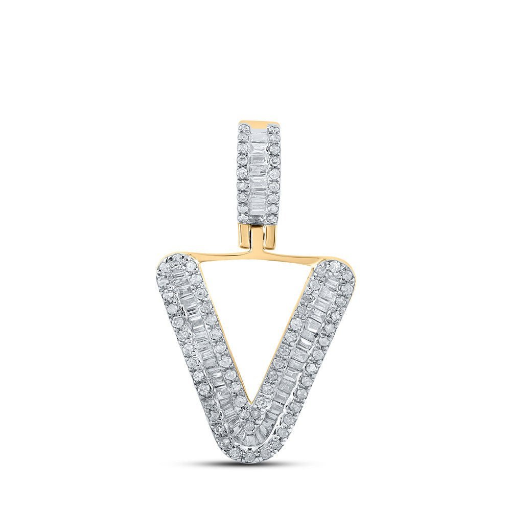 10kt Yellow Gold Mens Baguette Diamond V Initial Letter Pendant - 3/8 Cttw - Splendid Jewellery