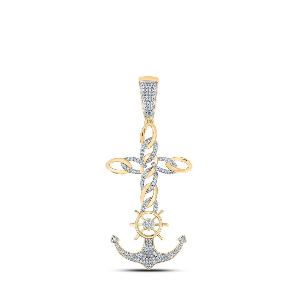 10kt Yellow Gold Men's Diamond Anchor Cross Charm Pendant - 3/8 Cttw - Splendid Jewellery