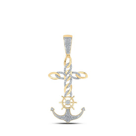 10kt Yellow Gold Men's Diamond Anchor Cross Charm Pendant - 3/8 Cttw - Splendid Jewellery