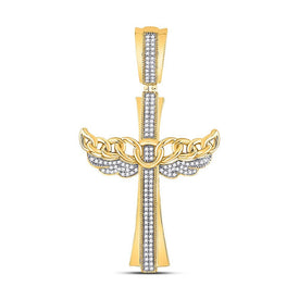 10kt Yellow Gold Mens Diamond Angel Wing Cross Pendant - 3/8 Cttw - Splendid Jewellery
