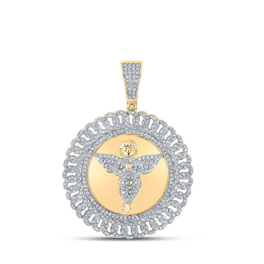 10kt Yellow Gold Men's Diamond Cherub Circle Charm Pendant - 1 - 1/3 Cttw - Splendid Jewellery