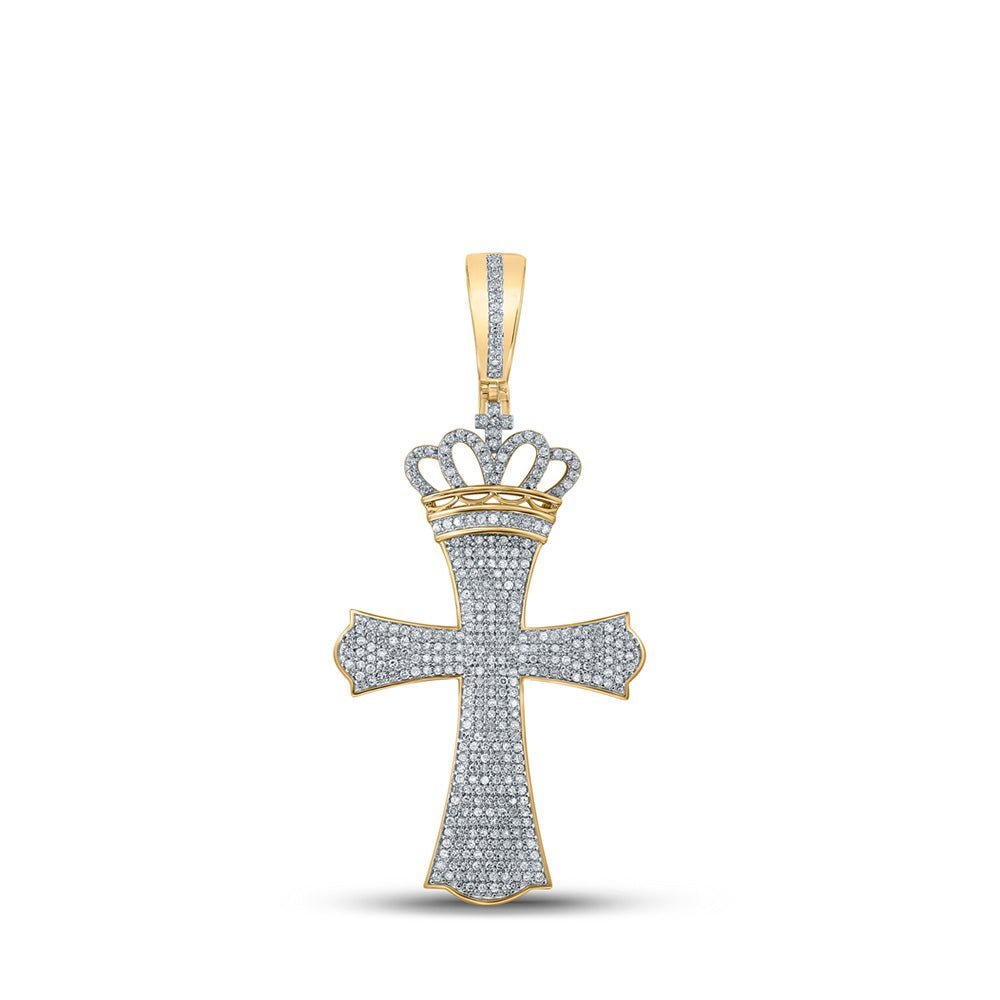 10kt Yellow Gold Men's Diamond Crown Cross Charm Pendant - 1 Cttw - Splendid Jewellery