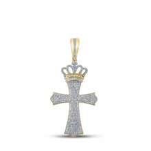 Load image into Gallery viewer, 10kt Yellow Gold Men's Diamond Crown Cross Charm Pendant - 1 Cttw - Splendid Jewellery