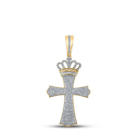 10kt Yellow Gold Men's Diamond Crown Cross Charm Pendant - 1 Cttw - Splendid Jewellery
