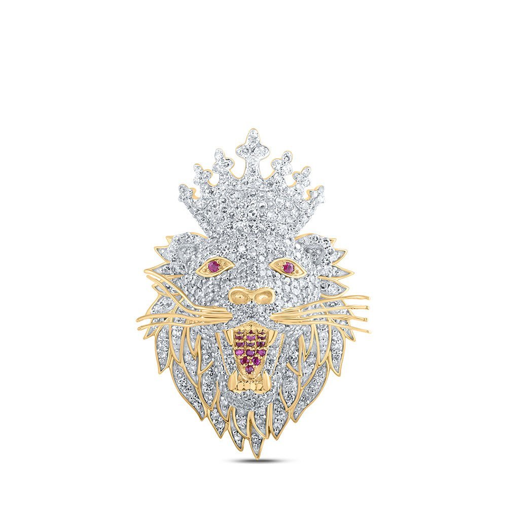10kt Yellow Gold Men's Diamond Lion Face Crown Charm Pendant - 2 Cttw - Splendid Jewellery