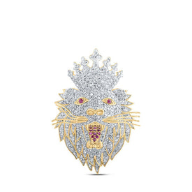 10kt Yellow Gold Men's Diamond Lion Face Crown Charm Pendant - 2 Cttw - Splendid Jewellery