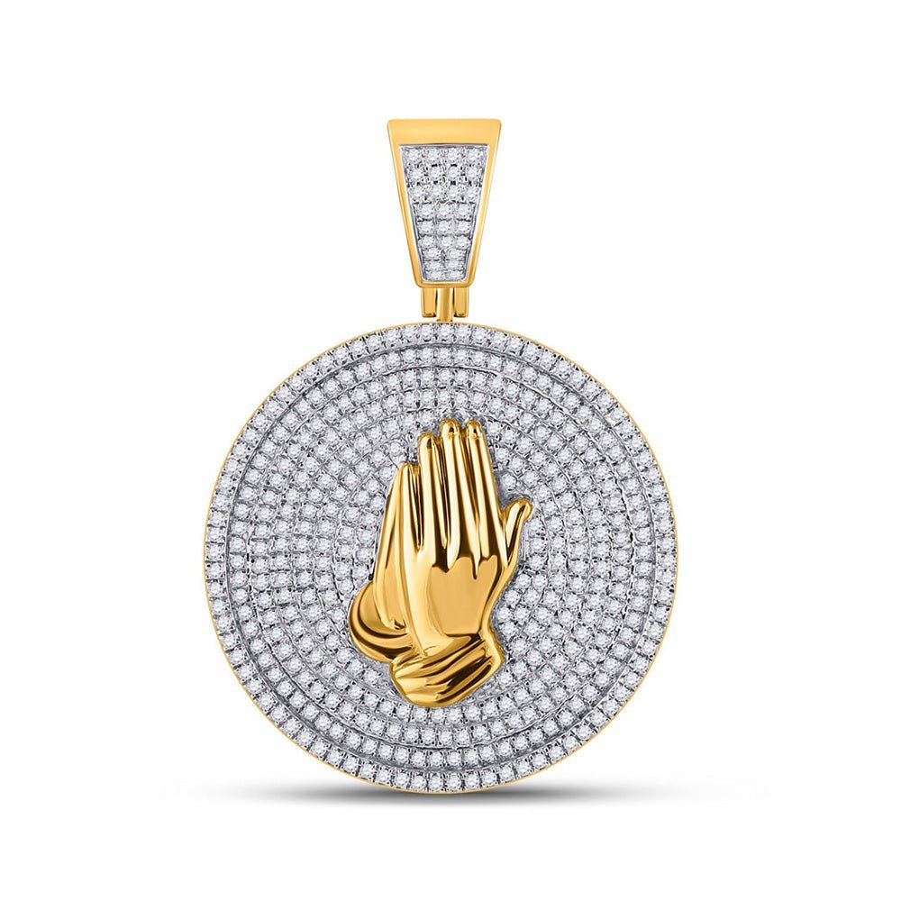 10kt Yellow Gold Men's Diamond Praying Hands Circle Charm Pendant - 1 Cttw - Splendid Jewellery