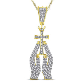 10kt Yellow Gold Men's Diamond Praying Hands Cross Charm Pendant - A Symbol of Faith and Style  Top View from Splendid Jewellery