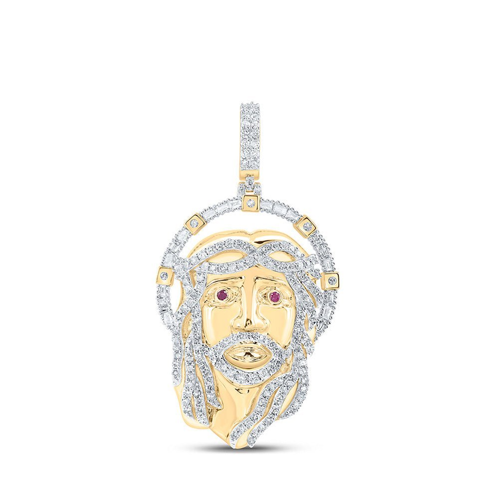 10kt Yellow Gold Men's Diamond Ruby Jesus Face Charm Pendant - 1 - 3/4 Cttw | Splendid Jewellery - Splendid Jewellery
