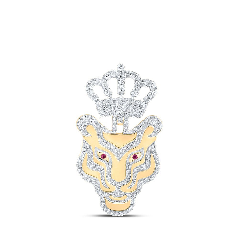 10kt Yellow Gold Men's Diamond Tiger Crown Charm Pendant with Round Ruby - 1 - 1/4 Cttw - Splendid Jewellery