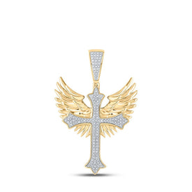 10kt Yellow Gold Men's Diamond Wing Cross Charm Pendant 3/8 Cttw - A Dazzling Symbol of Faith and Style - Splendid Jewellery