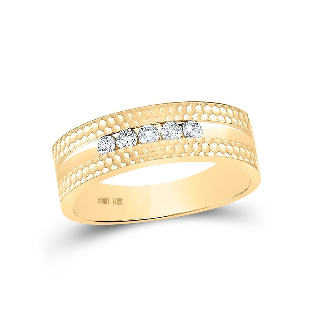 10kt Yellow Gold Men's Hammered Diamond Wedding Band Ring - 1/4 Cttw, 5 - Stone Elegance - Splendid Jewellery