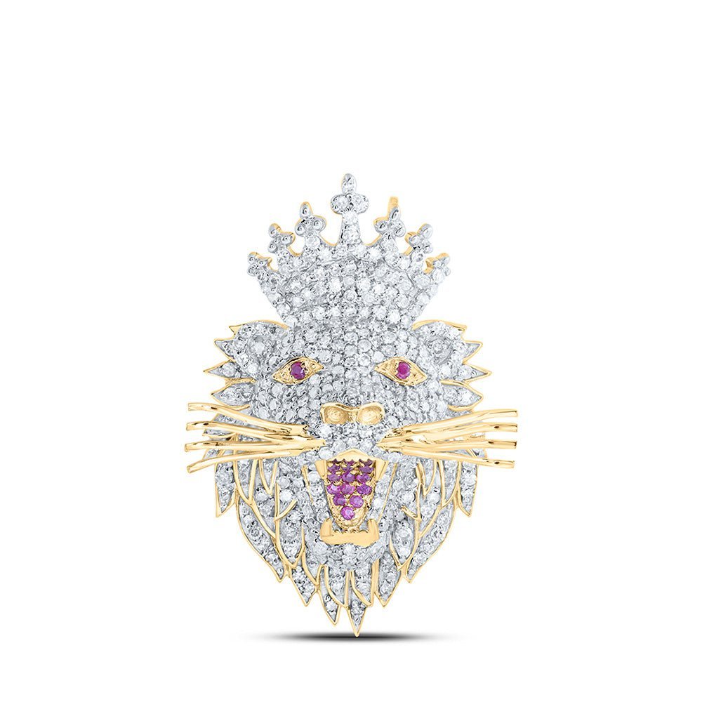 10kt Yellow Gold Men's Lion Face Crown Diamond Charm Pendant - 1 Cttw - Splendid Jewellery