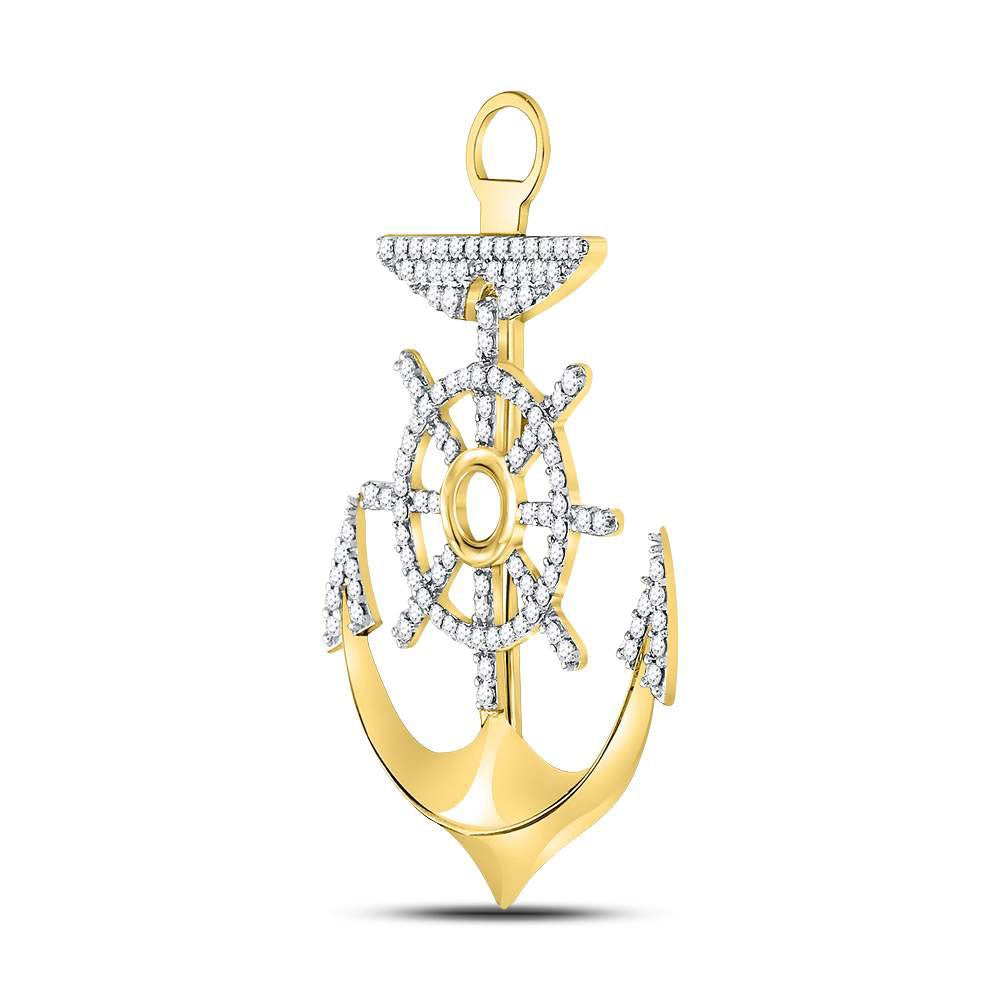 10kt Yellow Gold Men's Nautical Diamond Anchor Wheel Charm Pendant - 1 - 1/5 Cttw - Splendid Jewellery