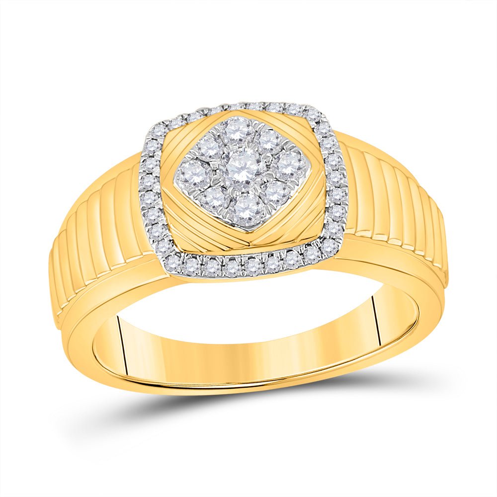 10kt Yellow Gold Men's Ribbed Square Cluster Ring with 1/2 Ct.t.w. Round Diamonds - Splendid Jewellery - Splendid Jewellery