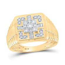 Load image into Gallery viewer, 10kt Yellow Gold Mens Ribbed Square Ring with Round Diamonds - 1/2 Cttw product  Top View from Splendid Jewellery