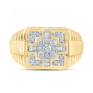 10kt Yellow Gold Mens Ribbed Square Ring with Round Diamonds - 1/2 Cttw - Splendid Jewellery