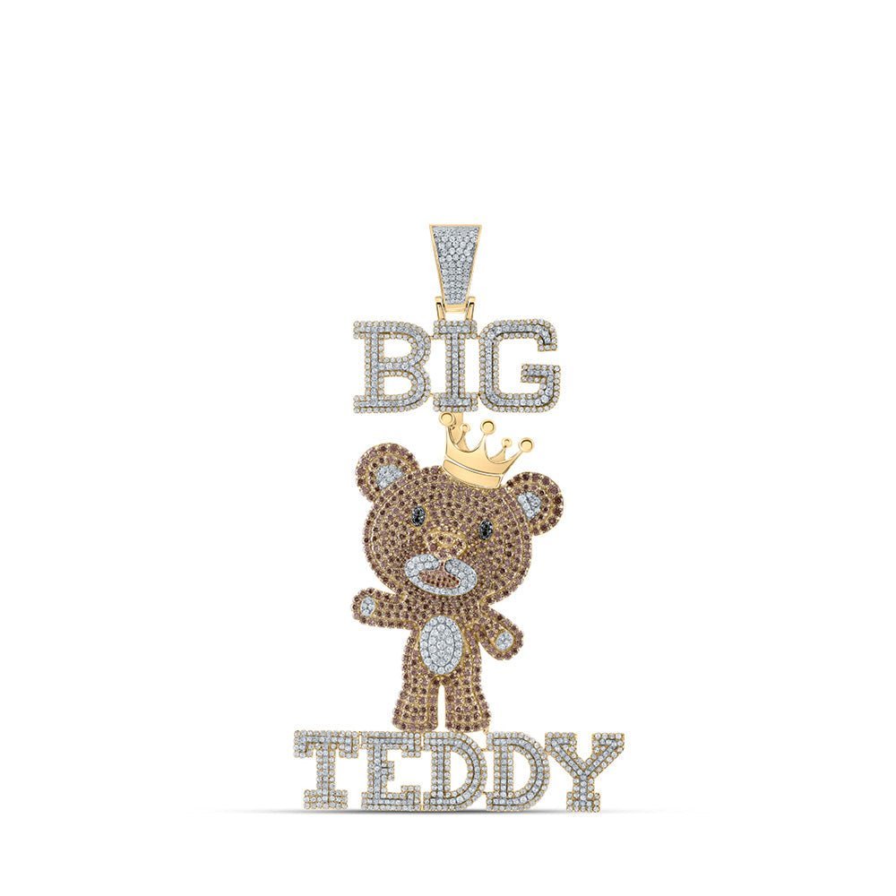 10kt Yellow Gold Men's Round Brown Diamond Big Teddy Bear Charm Pendant - 12 - 3/4 Cttw - Splendid Jewellery