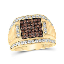 10kt Yellow Gold Men's Round Brown Diamond Square Ring - Exquisite Masculine Elegance - Splendid Jewellery