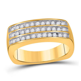 10kt Yellow Gold Mens Round Diamond 3 - Row Band Ring - A Dazzling Statement of Masculine Elegance - Splendid Jewellery