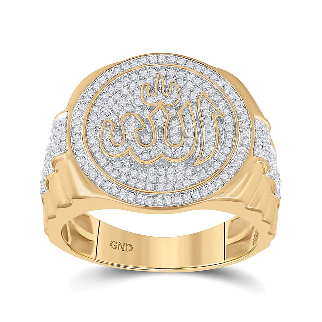 10kt Yellow Gold Men's Round Diamond Allah Islam Circle Ring 3/4 Cttw - A Majestic Symbol of Faith and Elegance - Splendid Jewellery