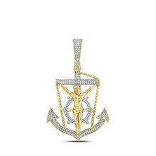 Load image into Gallery viewer, 10kt Yellow Gold Men's Round Diamond Anchor Jesus Cross Pendant - 1/2 Cttw | Splendid Jewellery - Splendid Jewellery