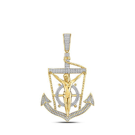 10kt Yellow Gold Men's Round Diamond Anchor Jesus Cross Pendant - 1/2 Cttw | Splendid Jewellery - Splendid Jewellery