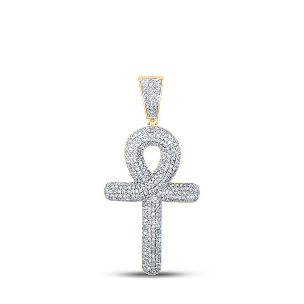 10kt Yellow Gold Men's Round Diamond Ankh Cross Charm Pendant - 1 Cttw | Dazzling Diamond Delight - Splendid Jewellery