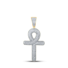 10kt Yellow Gold Men's Round Diamond Ankh Cross Charm Pendant - 1 Cttw | Dazzling Diamond Delight - Splendid Jewellery