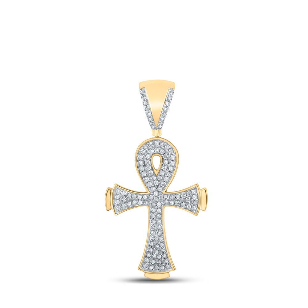 10kt Yellow Gold Men's Round Diamond Ankh Cross Charm Pendant 1/3 Cttw | Dazzling Diamond Delight - Splendid Jewellery