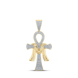 10kt Yellow Gold Men's Round Diamond Ankh Cross Charm Pendant - 3/4 Cttw | Dazzling Diamond Delight - Splendid Jewellery