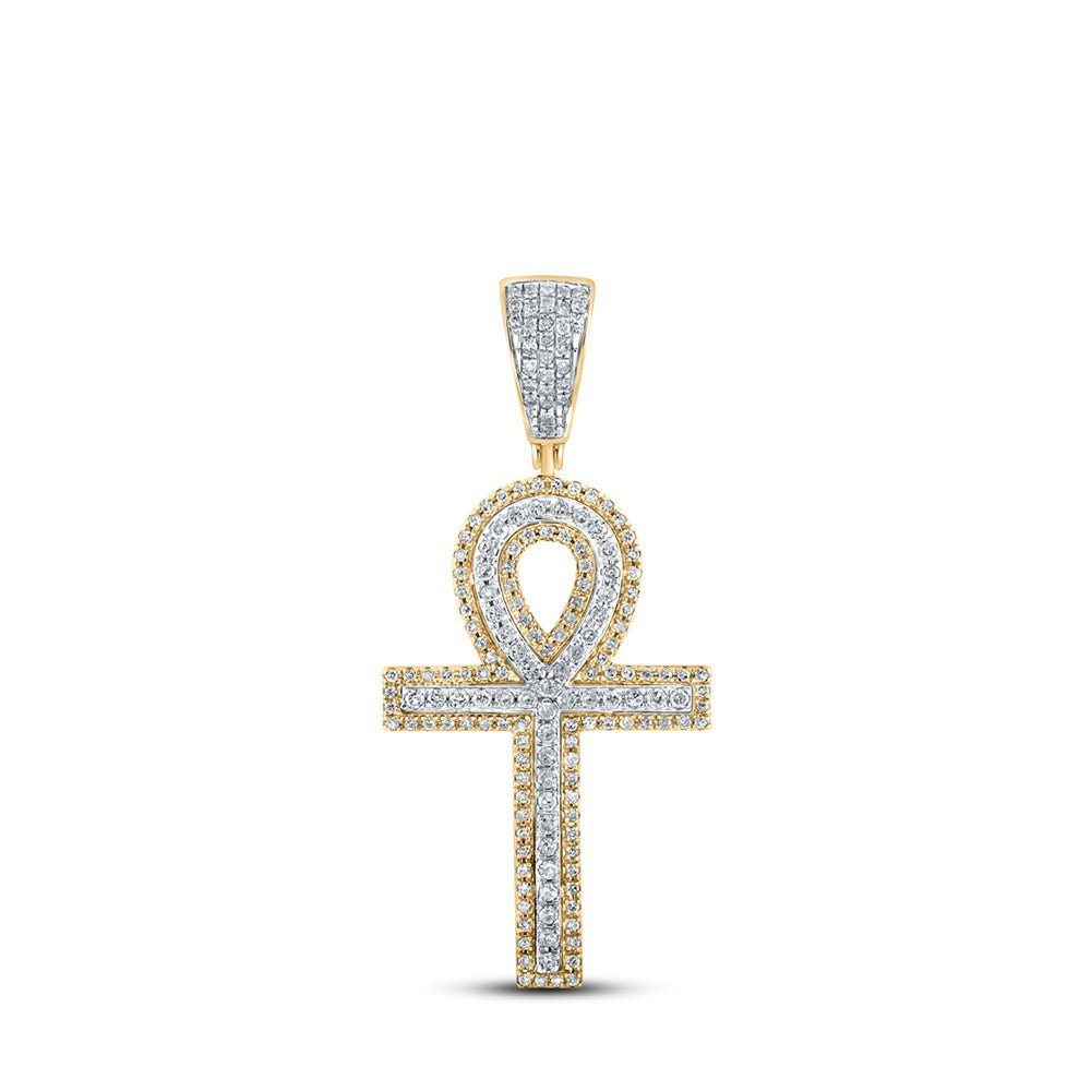10kt Yellow Gold Men's Round Diamond Ankh Cross Charm Pendant - 7/8 Cttw | Splendid Jewellery - Splendid Jewellery