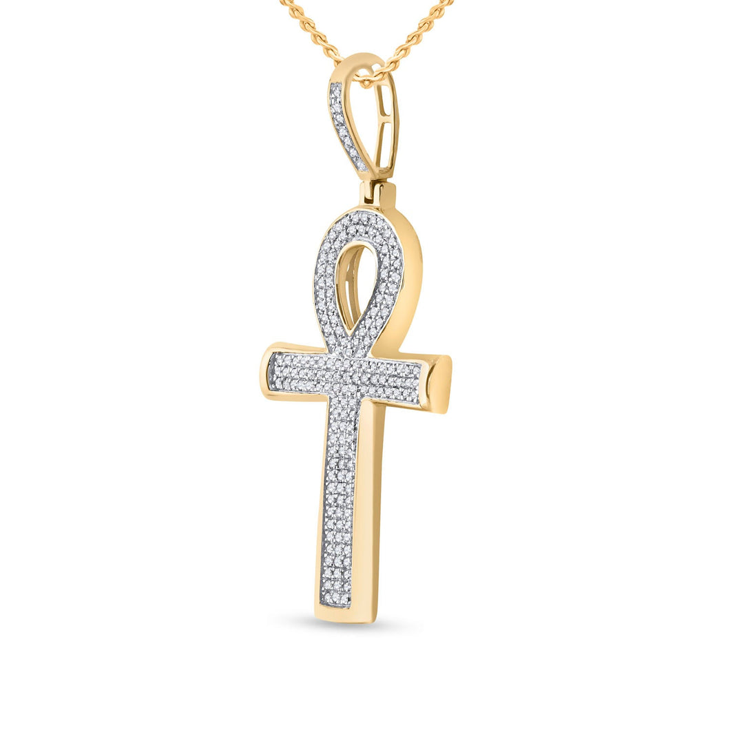 10kt Yellow Gold Mens Round Diamond Ankh Cross Charm Pendant - A Symbol of Elegance and Spirituality - Splendid Jewellery