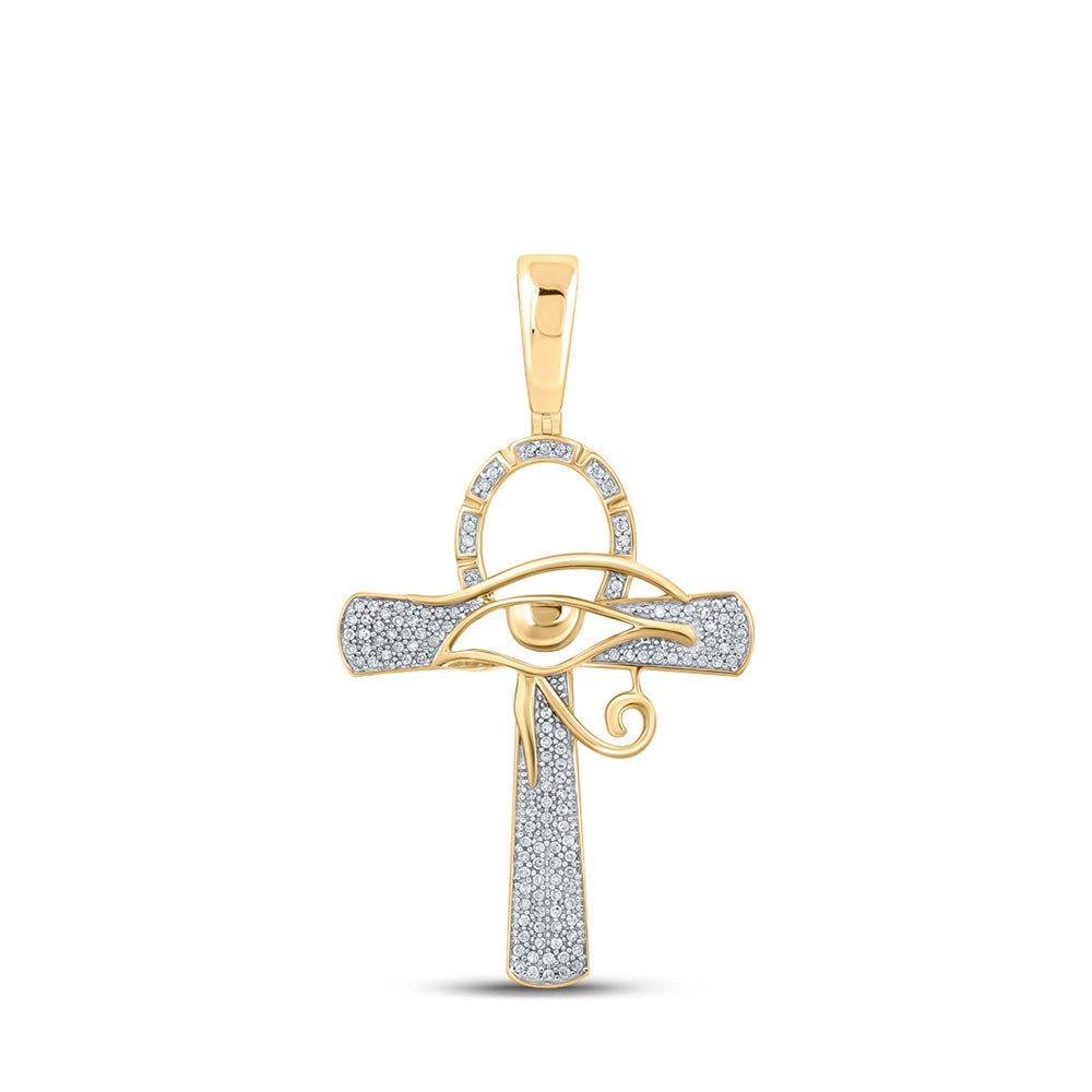 10kt Yellow Gold Men's Round Diamond Ankh Eye Cross Charm Pendant - 1/3 Cttw | Splendid Jewellery - Splendid Jewellery