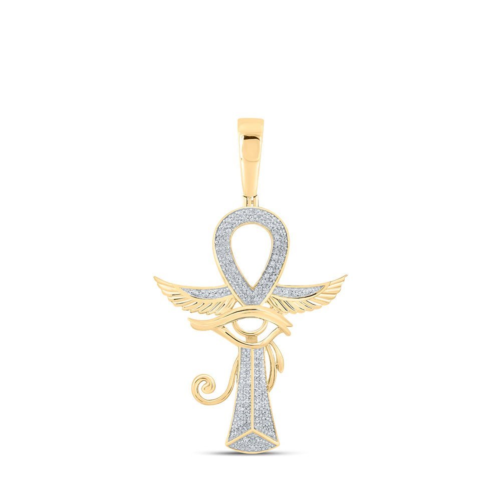 10kt Yellow Gold Men's Round Diamond Ankh Eye Cross Charm Pendant - 1/3 Cttw | Splendid Jewellery - Splendid Jewellery