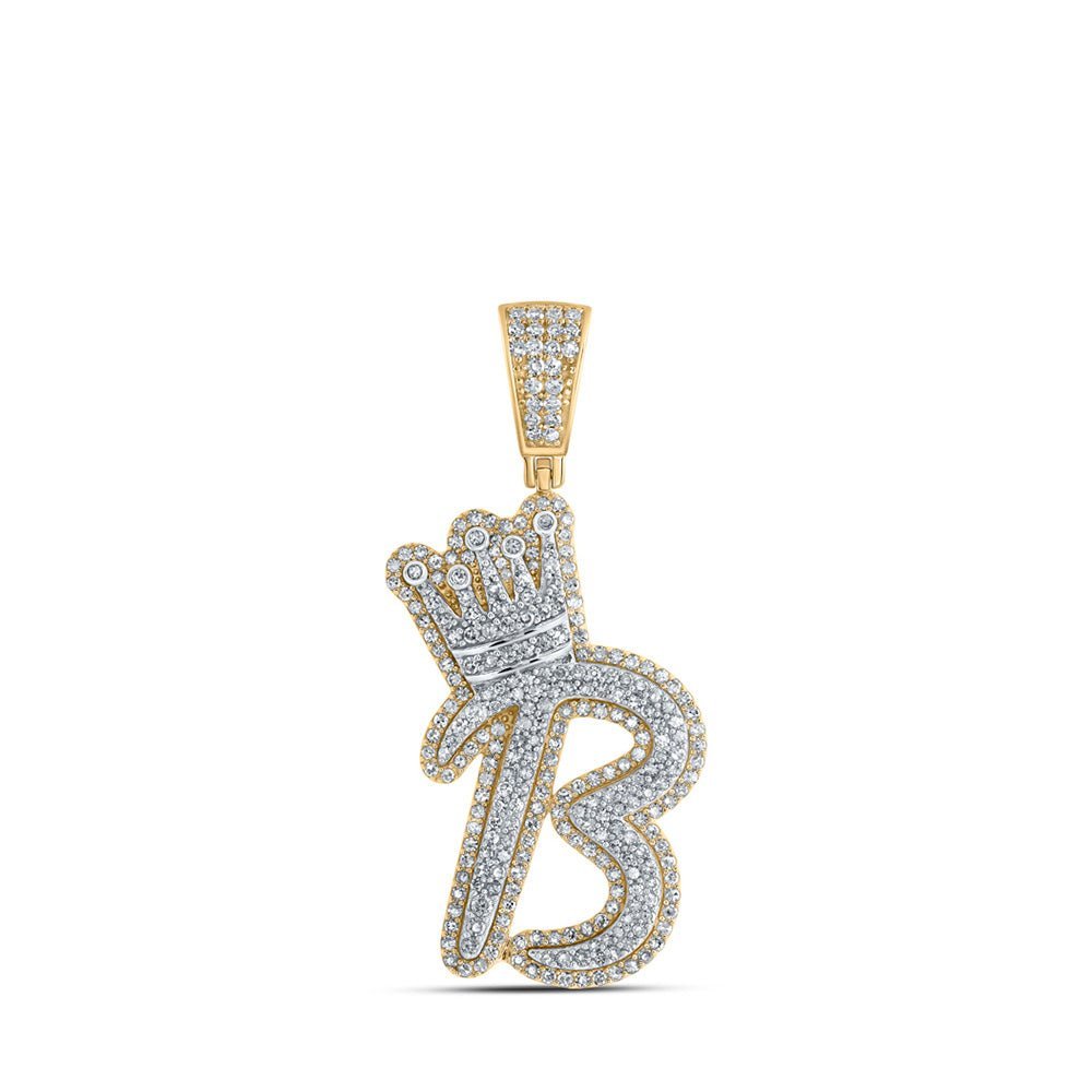 10kt Yellow Gold Mens Round Diamond B Crown Letter Charm Pendant 1 - 1/3 Cttw - Splendid Jewellery