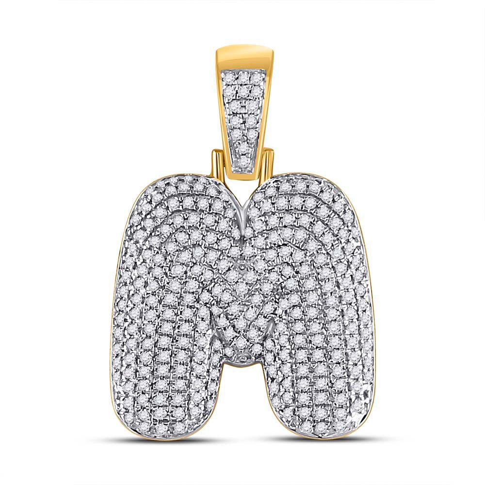 10kt Yellow Gold Men's Round Diamond Bubble M Letter Charm Pendant 3/4 Cttw - A Dazzling Statement Piece - Splendid Jewellery