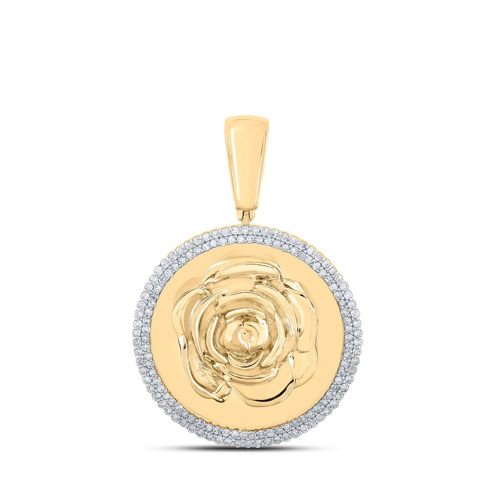 10kt Yellow Gold Men's Round Diamond Circle Rose Charm Pendant - 1/2 Cttw | Splendid Jewellery - Splendid Jewellery
