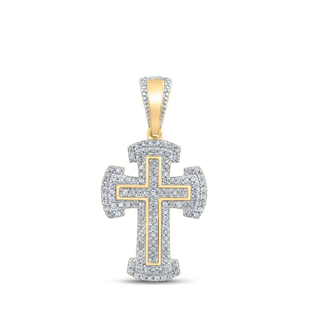 10kt Yellow Gold Men's Round Diamond Cross Charm Pendant - A Dazzling Statement of Faith and Style - Splendid Jewellery