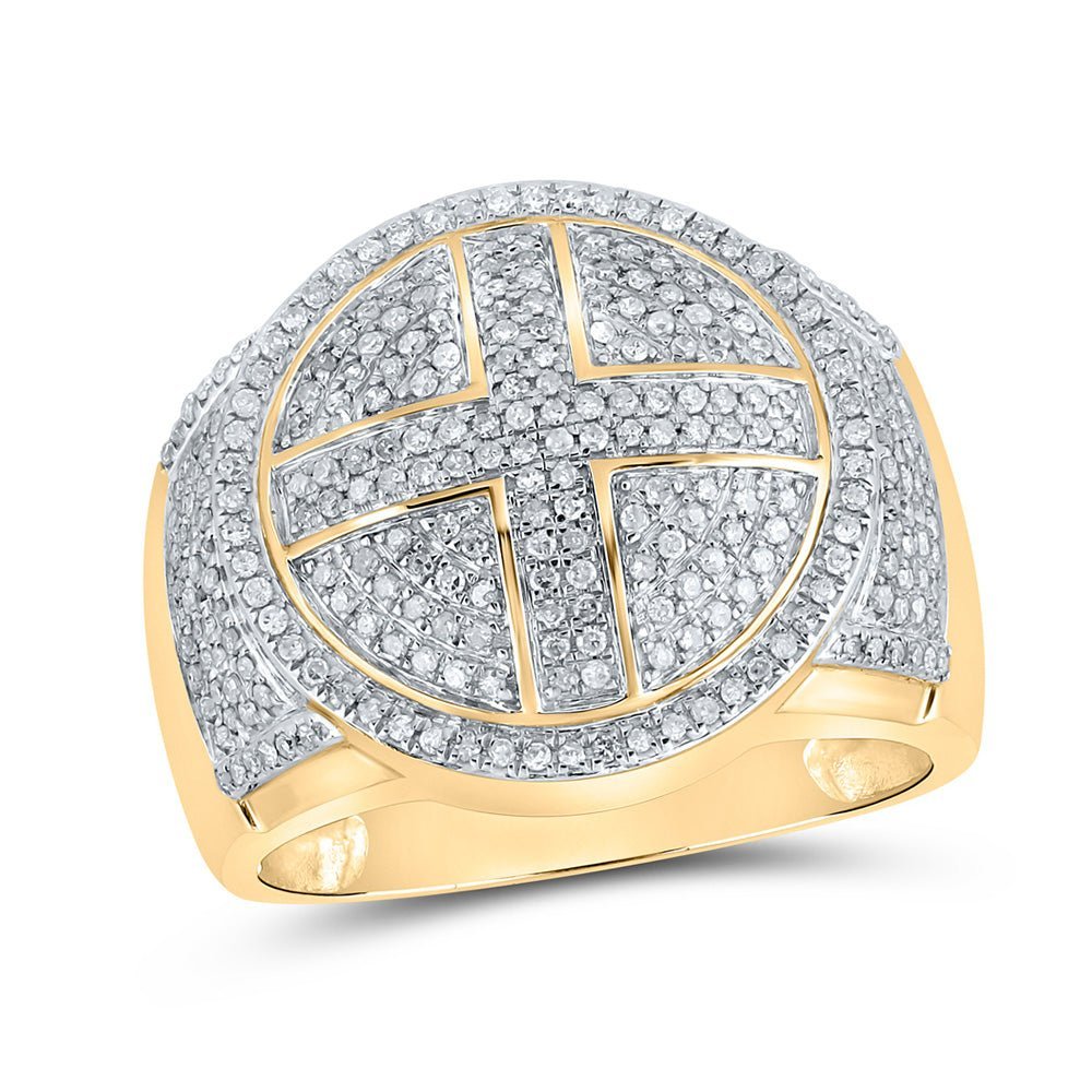 10kt Yellow Gold Men's Round Diamond Cross Circle Ring 3/4 Cttw - A Dazzling Symbol of Faith and Style - Splendid Jewellery