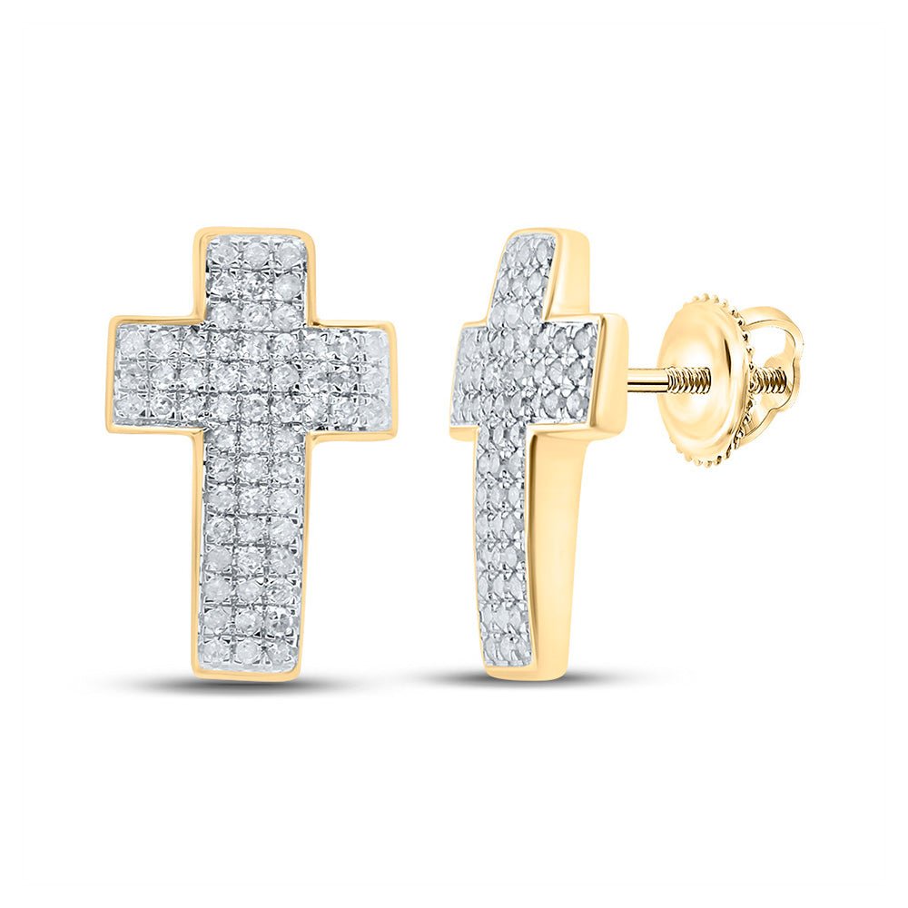 10kt Yellow Gold Men's Round Diamond Cross Earrings - Dazzling Divine Symbol of Style - Splendid Jewellery